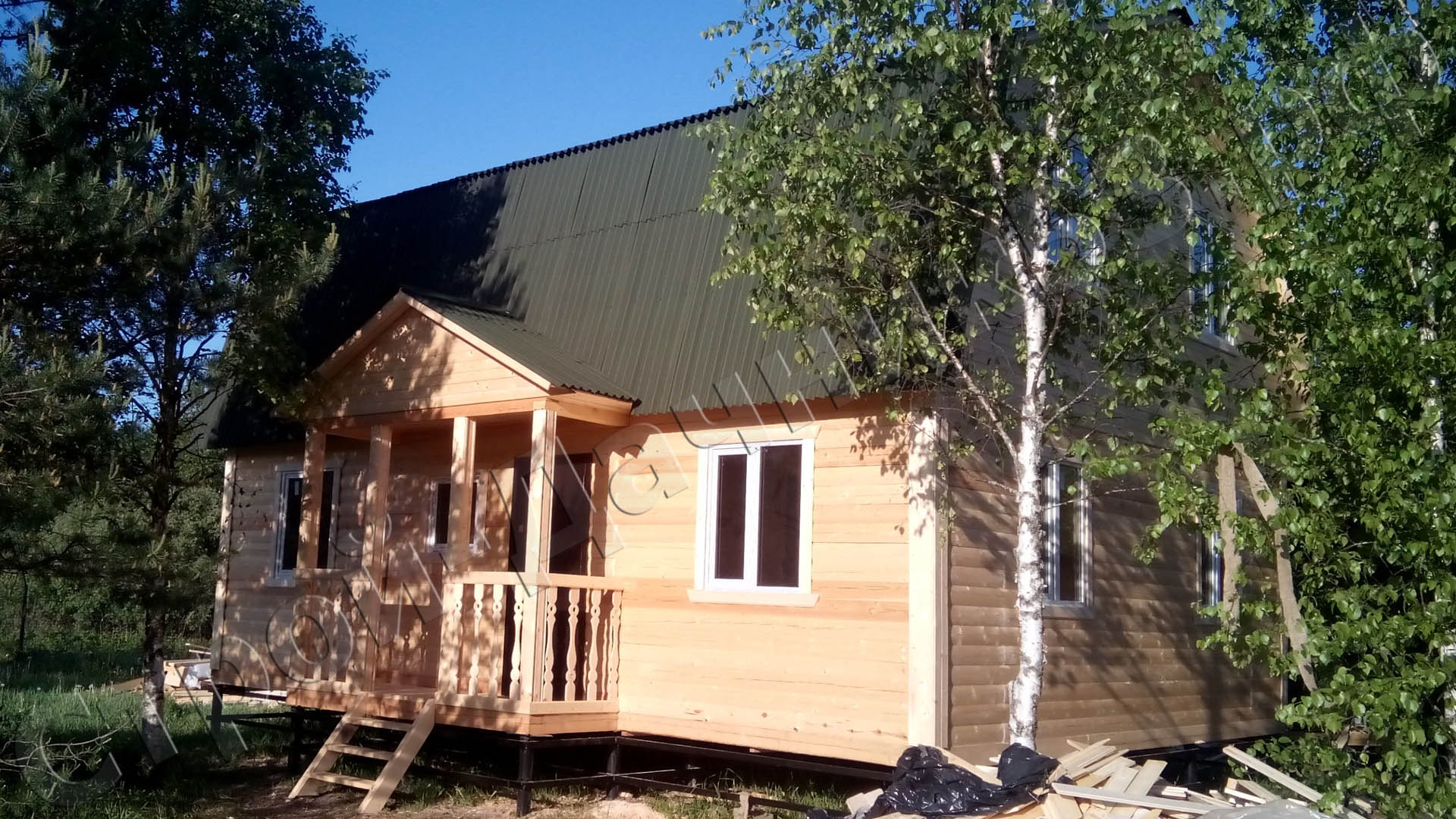 Дом из профилированного бруса 145х1457х9 110 м² с открытой террасой на свайно винтовом фундаменте Щелковский район деревня Душоново