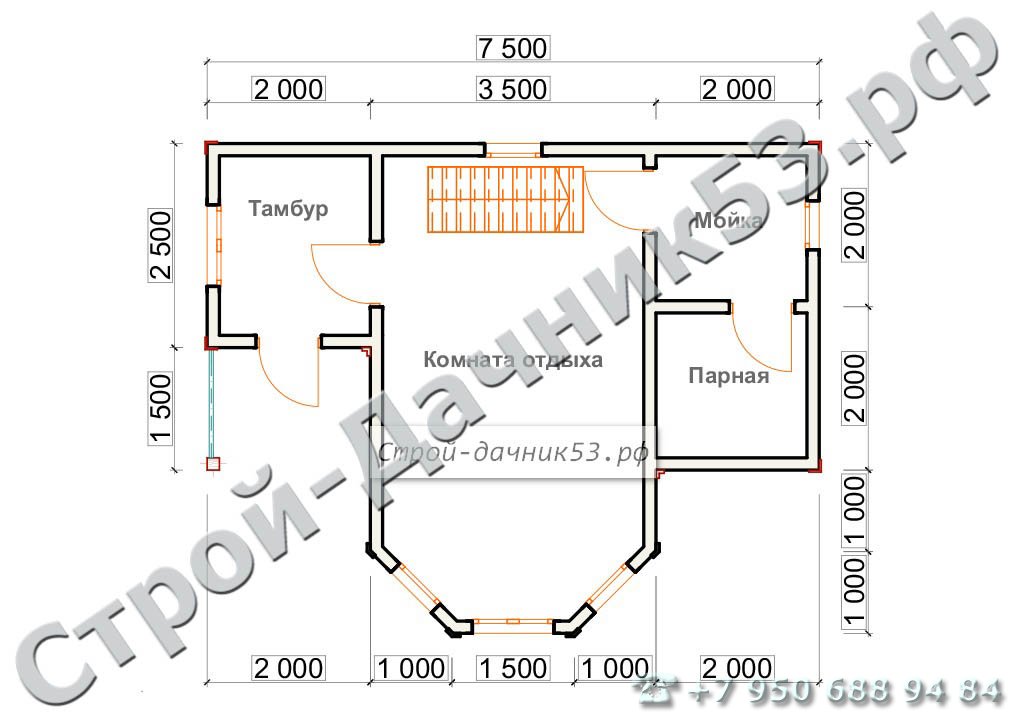 Проект бани Б–12, план 1-го этажа