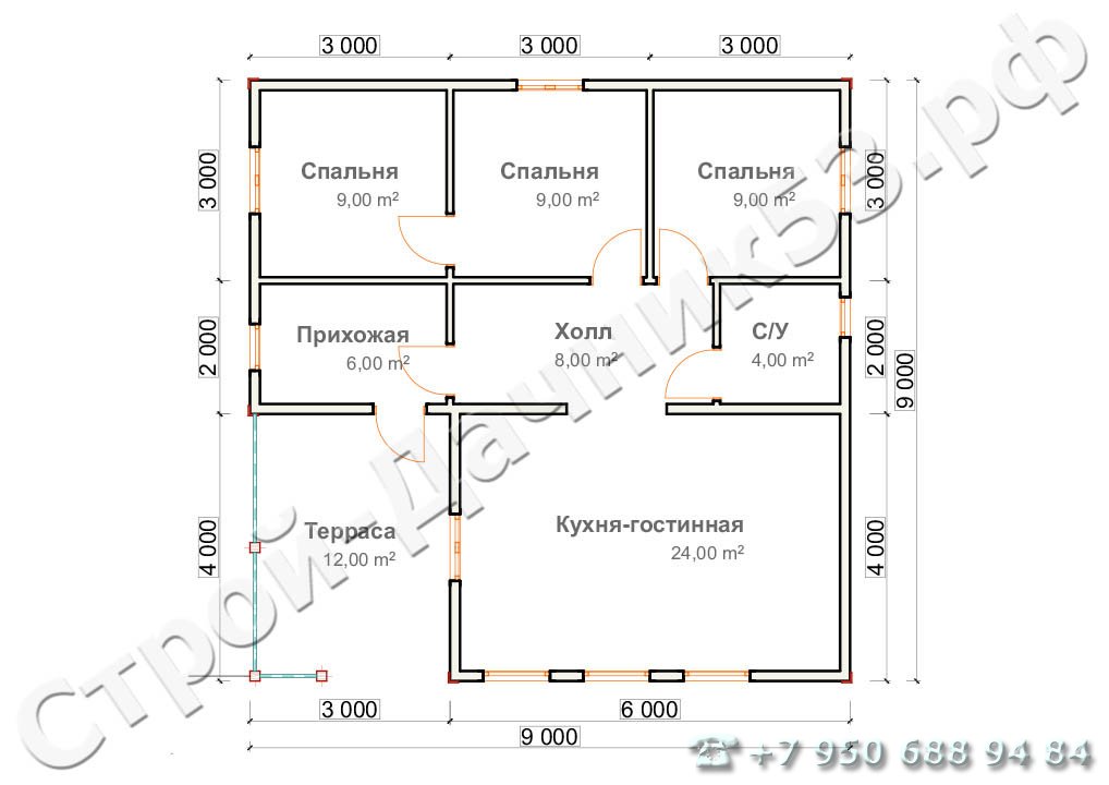 Проект каркасно-щитового дома Д–23, план 1-го этажа