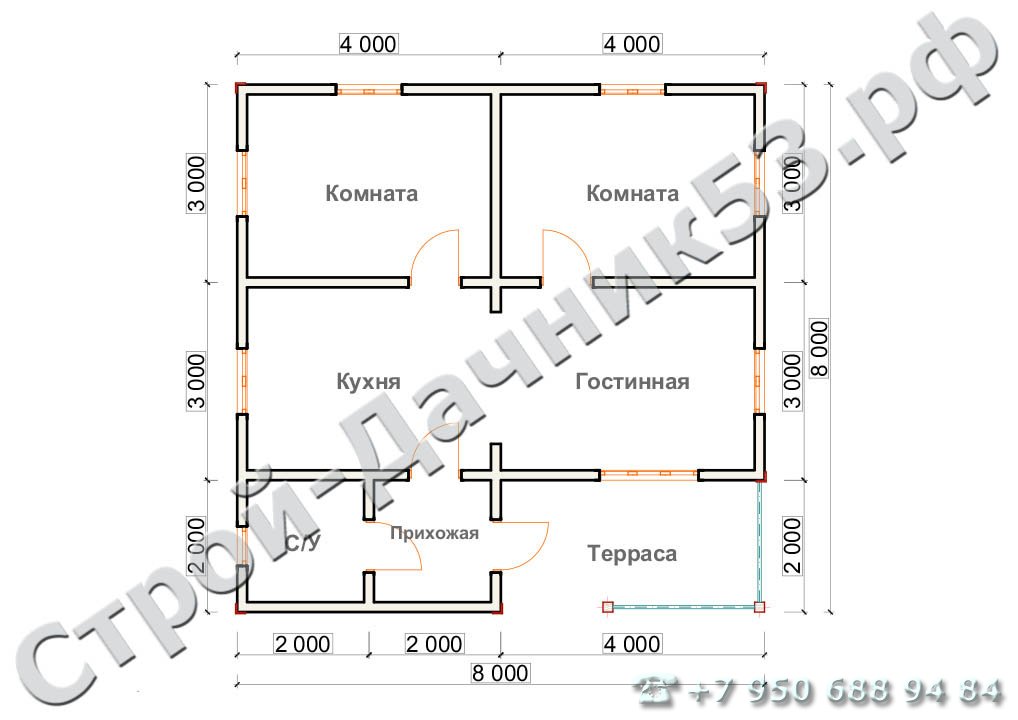 Проект каркасно-щитового дома Д–22, план 1-го этажа