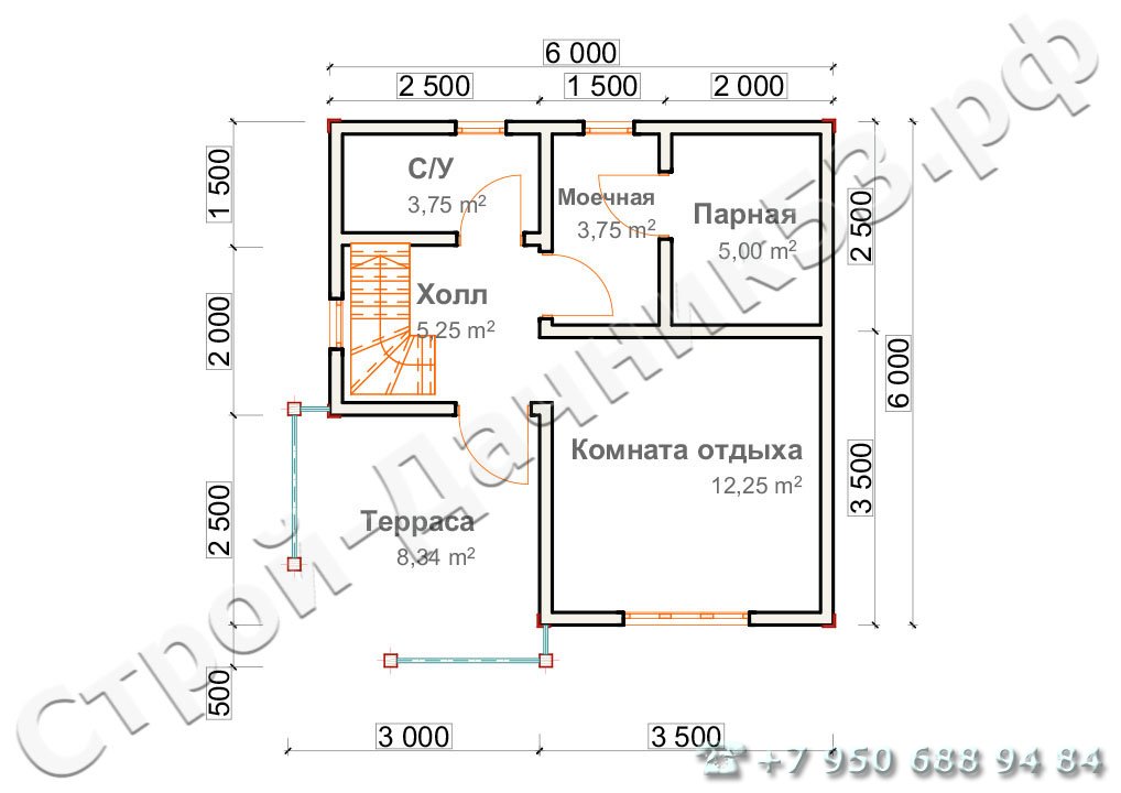 Проект бани Б–49, план 1-го этажа