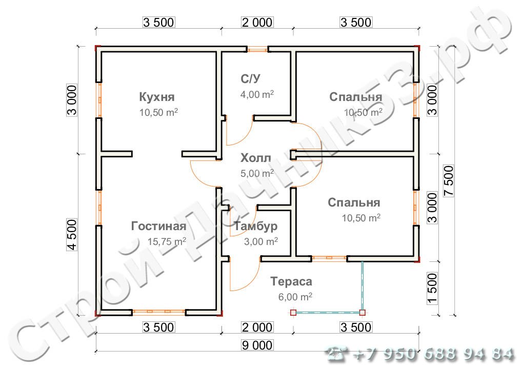 Проект каркасно-щитового дома Д–31, план 1-го этажа