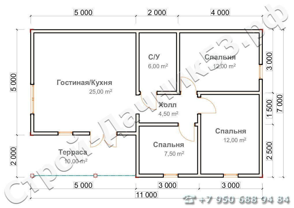 Проект каркасно-щитового дома Д–34, план 1-го этажа