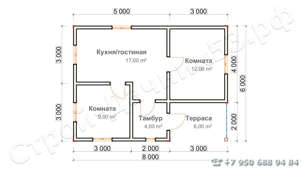 Проект каркасно-щитового дома Д–38, план 1-го этажа
