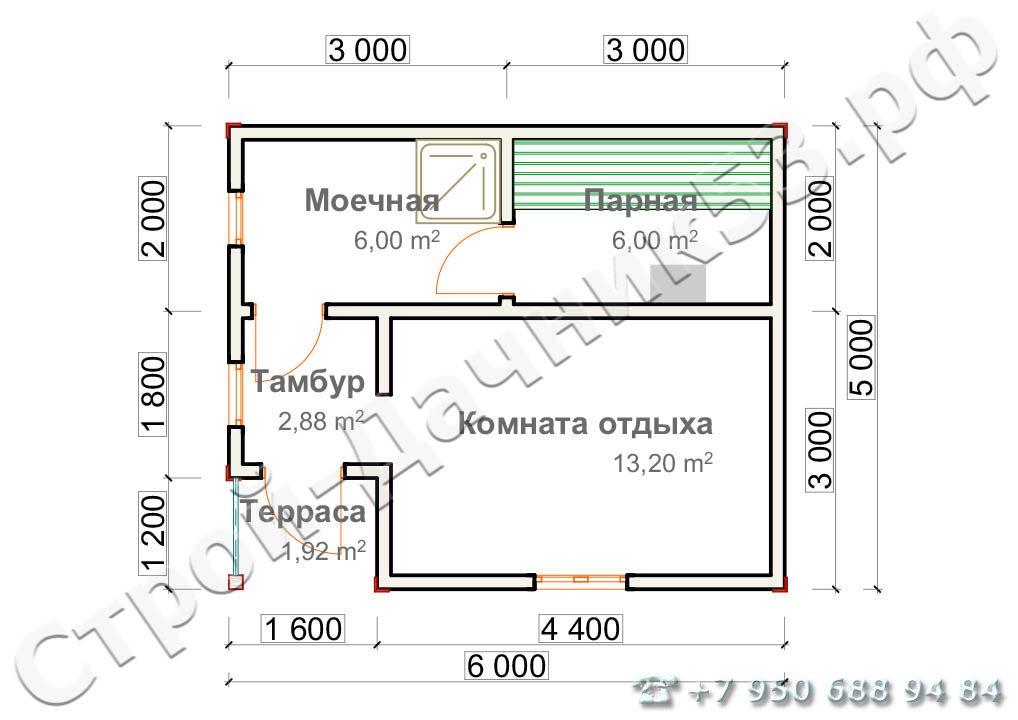 Проект бани Б–50, план 1-го этажа