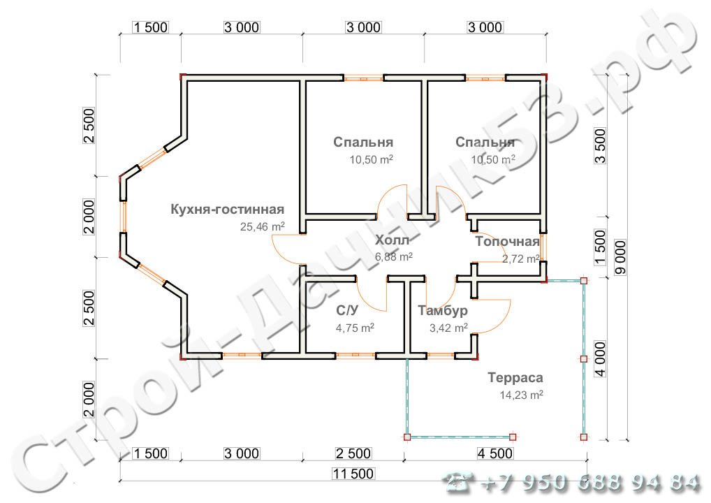 Проект дома ОД–28, план 1-го этажа