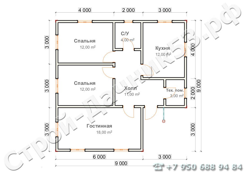 Проект каркасно-щитового дома Д–153, план 1-го этажа