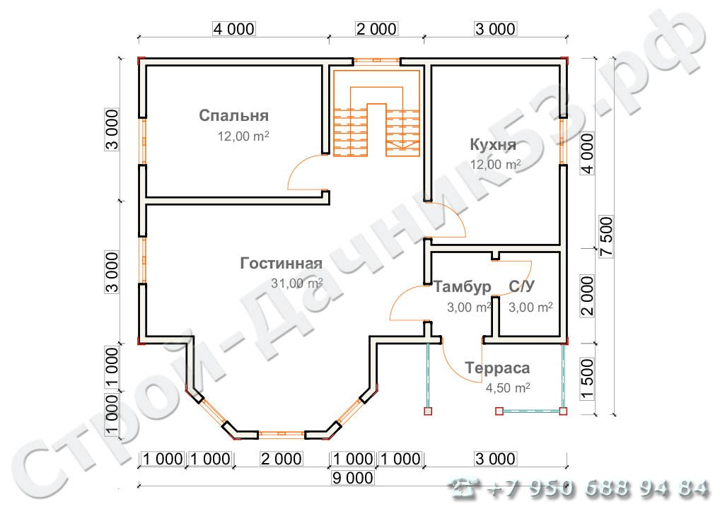 Проект каркасно-щитового дома Д–12, план 1-го этажа