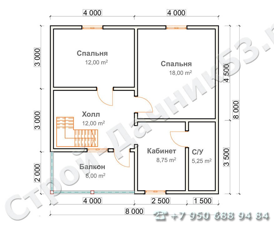 Проект каркасно-щитового дома Д–15, план 2-го этажа