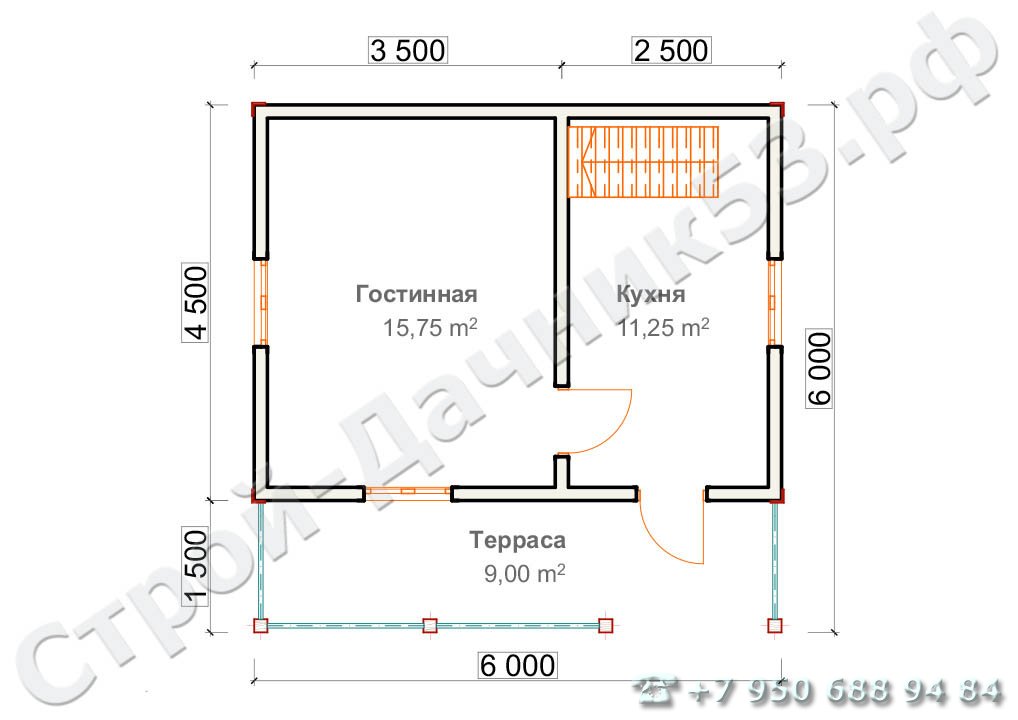 Проект каркасно-щитового дома Д–1, план 1-го этажа