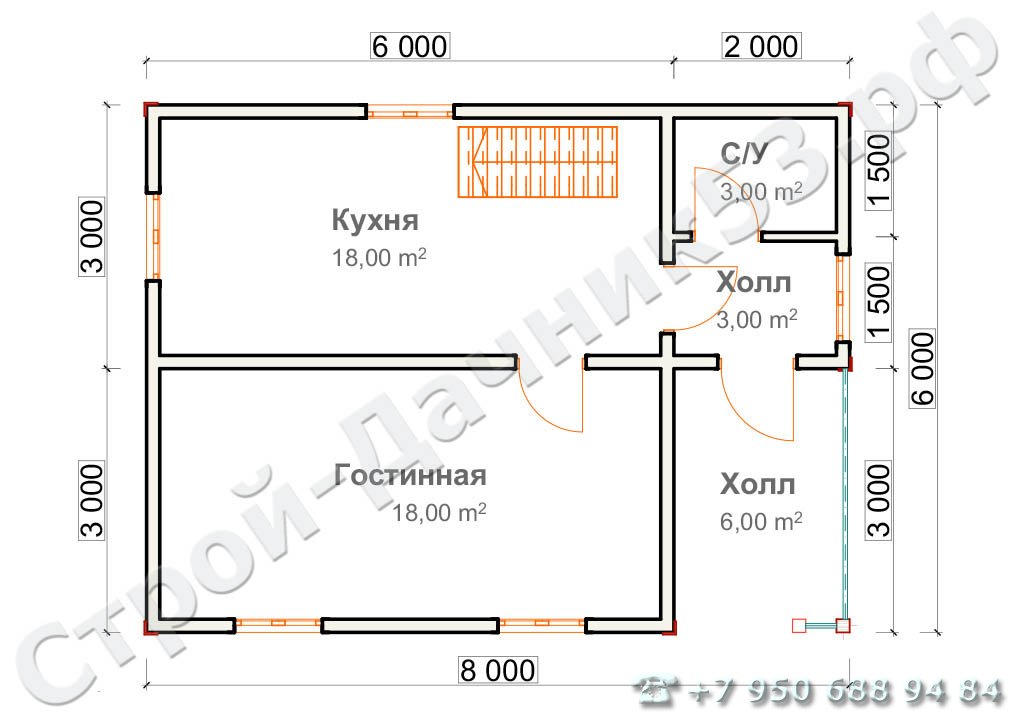 Проект каркасно-щитового дома Д–2, план 1-го этажа