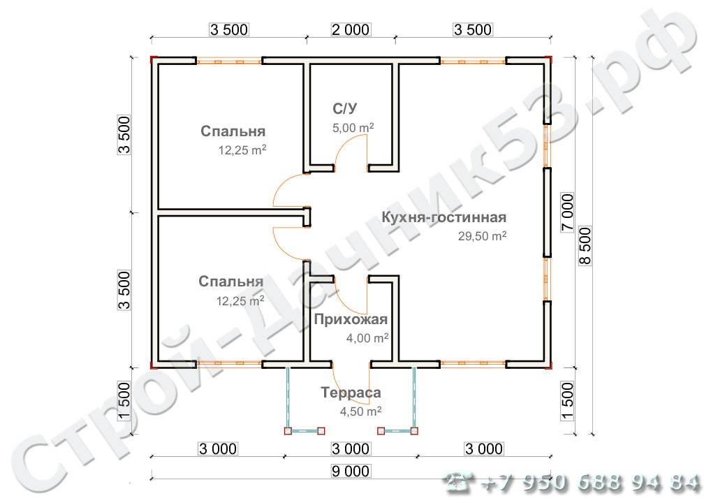 Проект каркасно-щитового дома Д–3, план 1-го этажа