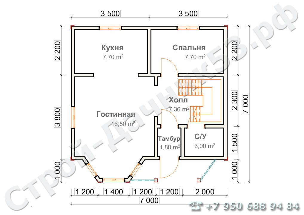 Проект каркасно-щитового дома Д–9, план 1-го этажа
