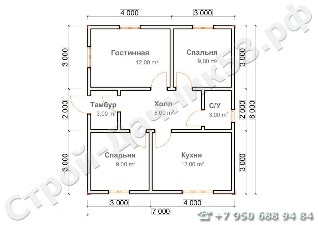 Проект дома ОД–14, план 1-го этажа