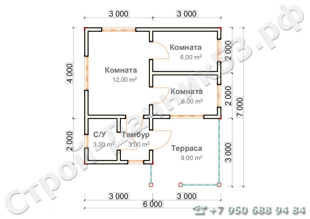 Проект каркасно-щитового дома Д–24, план 1-го этажа