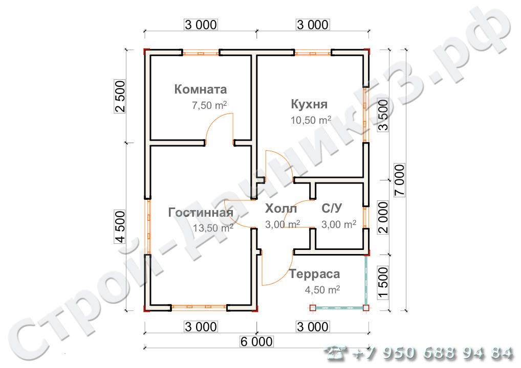 Проект каркасно-щитового дома Д–25, план 1-го этажа