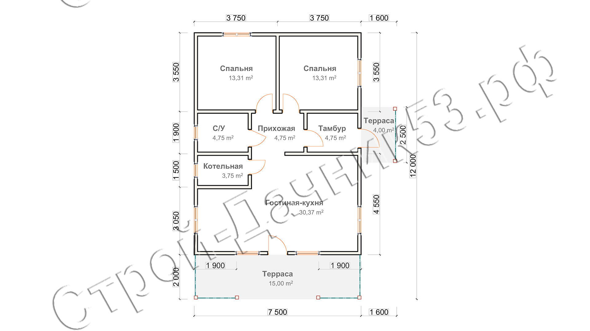 Проект каркасно-щитового дома Д–42, план 1-го этажа